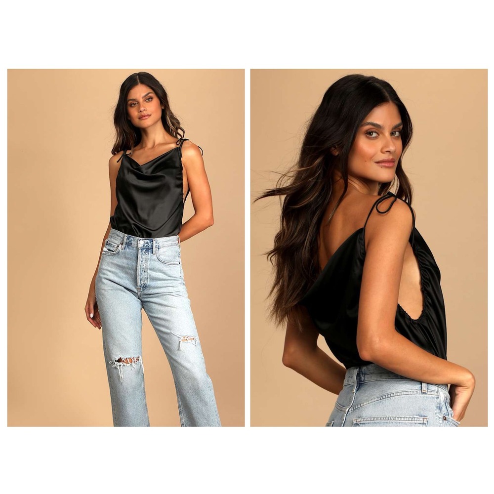 Free People Cowl Neck Camisole Women XS Black Satin‎ Side Ruched Tie Strap Top